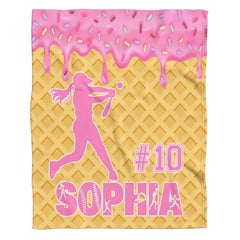 Dynamic female batter silhouette and varsity sports numbers highlighted on patterned waffle bedding sets styling.