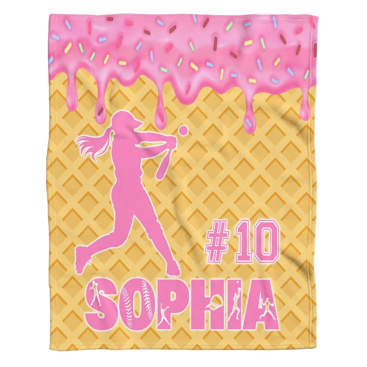Dynamic female batter silhouette and varsity sports numbers highlighted on patterned waffle bedding sets styling.