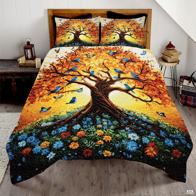 Personalized Autumn Tree of Life Birds & Flowers Quilt Sets