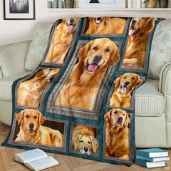 Close view of center golden retriever dog illustration on teal winter backdrop.