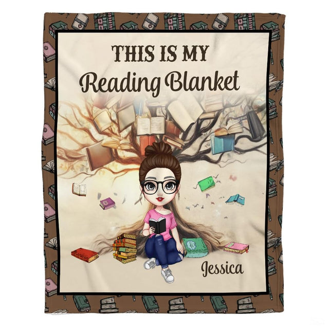 Personalized Cartoon Girl Reading in Front of Book Tree Throw Blanket