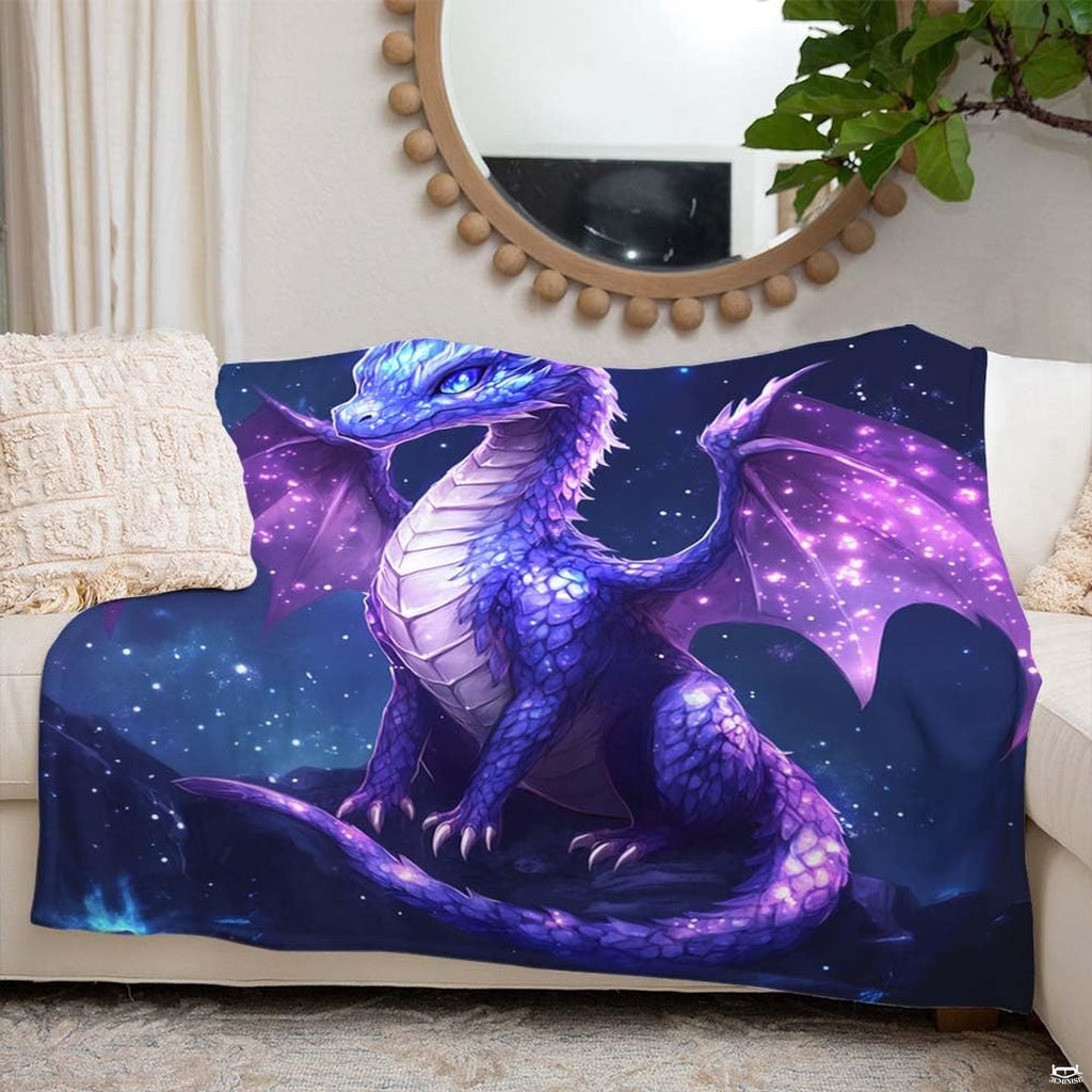 Close up of galaxy dragon throw blanket highlighting crystalline horns and glittering starry wings