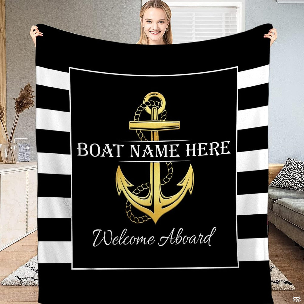 Nautical gold anchor striped throw blanket featuring a golden marine anchor and cabana stripe borders