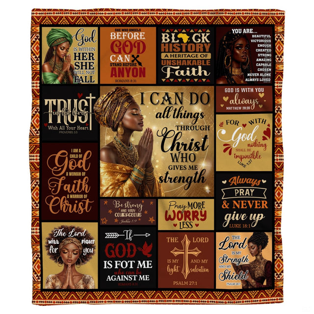 Portraits of Black women in prayer with Christian scripture panels and African geometric border, view 1.