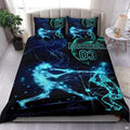 Baseball bedding displaying glowing cyan wireframe pitcher and batter connected by digital vector lines on black