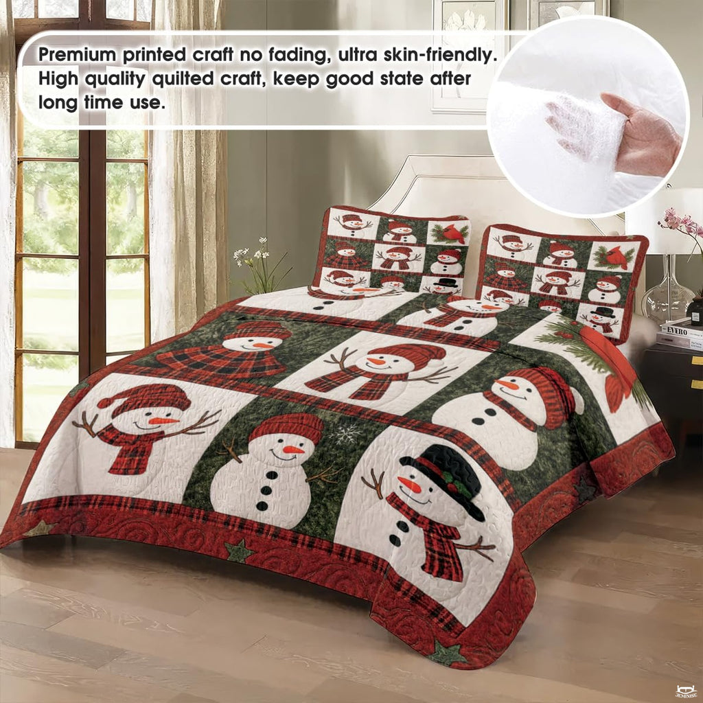 Top-down perspective of snowman bedding set displaying cardinal red borders and snowflake medallion motifs.