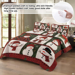 Top-down perspective of snowman bedding set displaying cardinal red borders and snowflake medallion motifs.