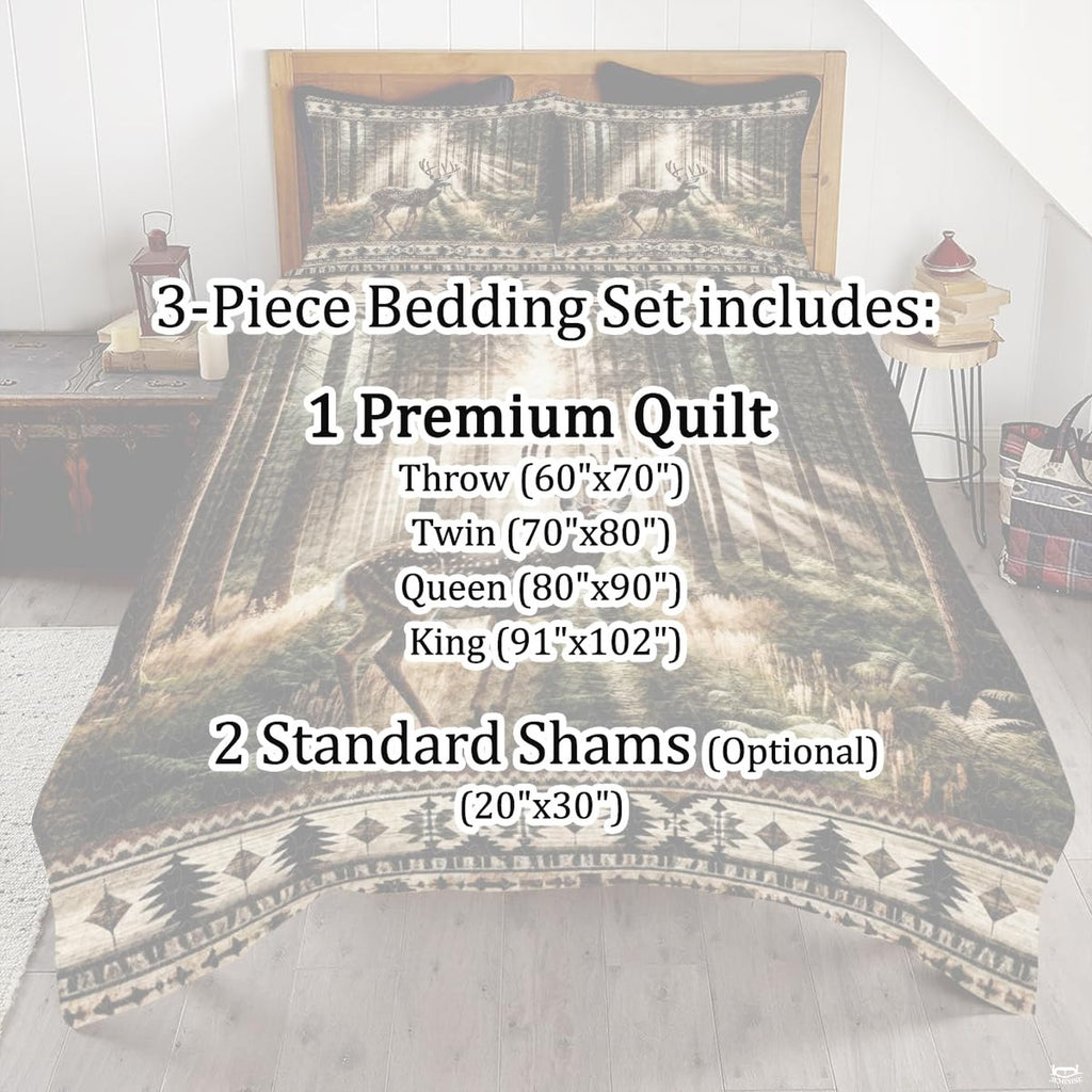 Stylized rustic bedroom presentation highlighted by majestic forest animals bedding with woodland stag artwork.