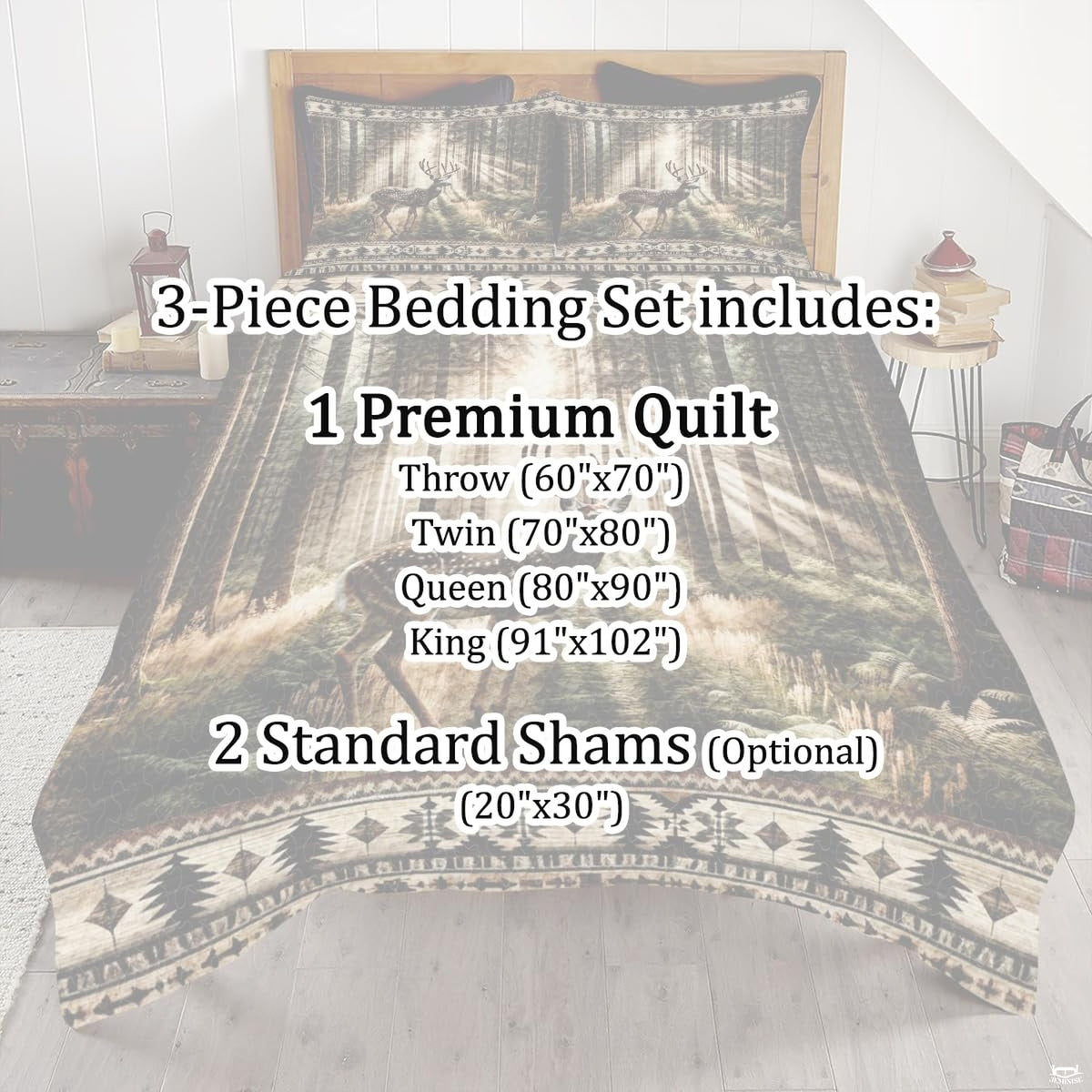 Stylized rustic bedroom presentation highlighted by majestic forest animals bedding with woodland stag artwork.