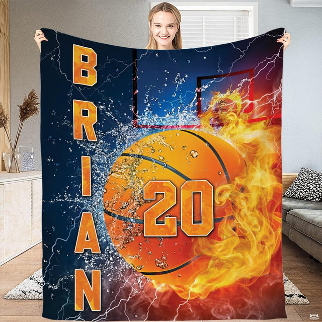 Fire and water basketball sports throw blanket view 2 highlighting elemental flame textures and court backboard