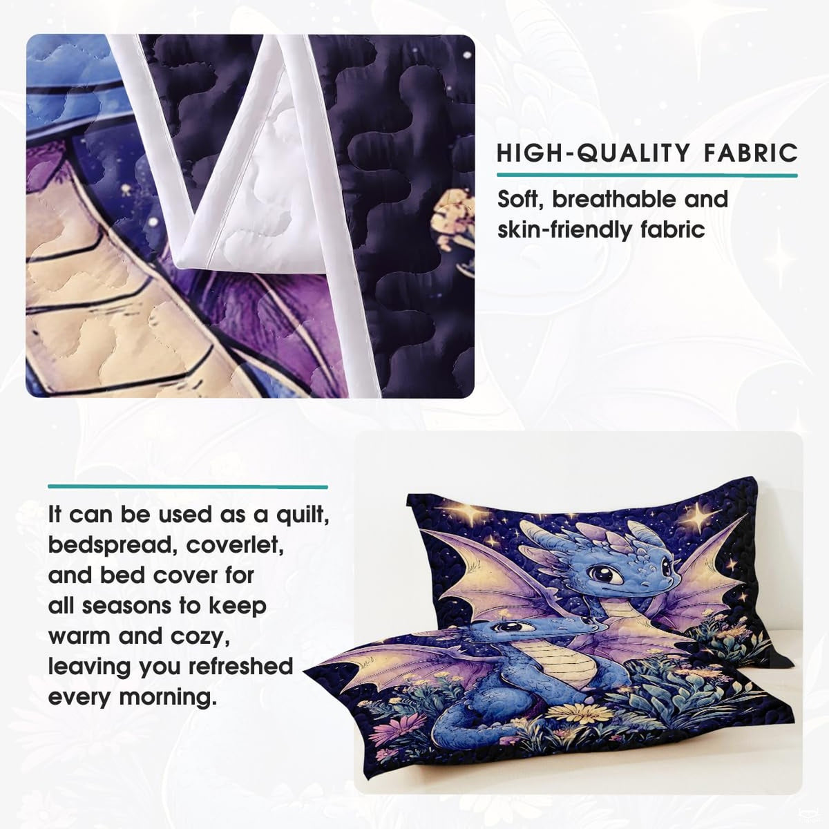 Angle view of fantasy bedding illustrating sapphire blue gradients and midnight indigo skies