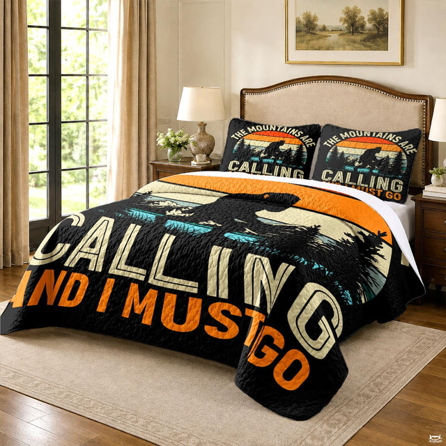 Close-up visual of retro sunset stripes, pine tree graphics, and Sasquatch figure on scenic bedding.