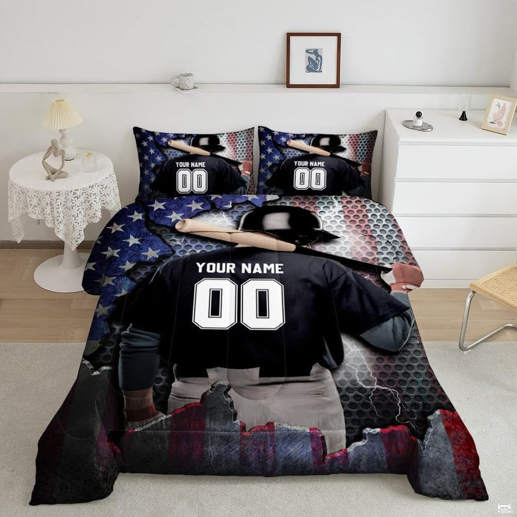 Baseball batter bedding featuring athlete with bat across shoulders against patriotic flag and metal mesh