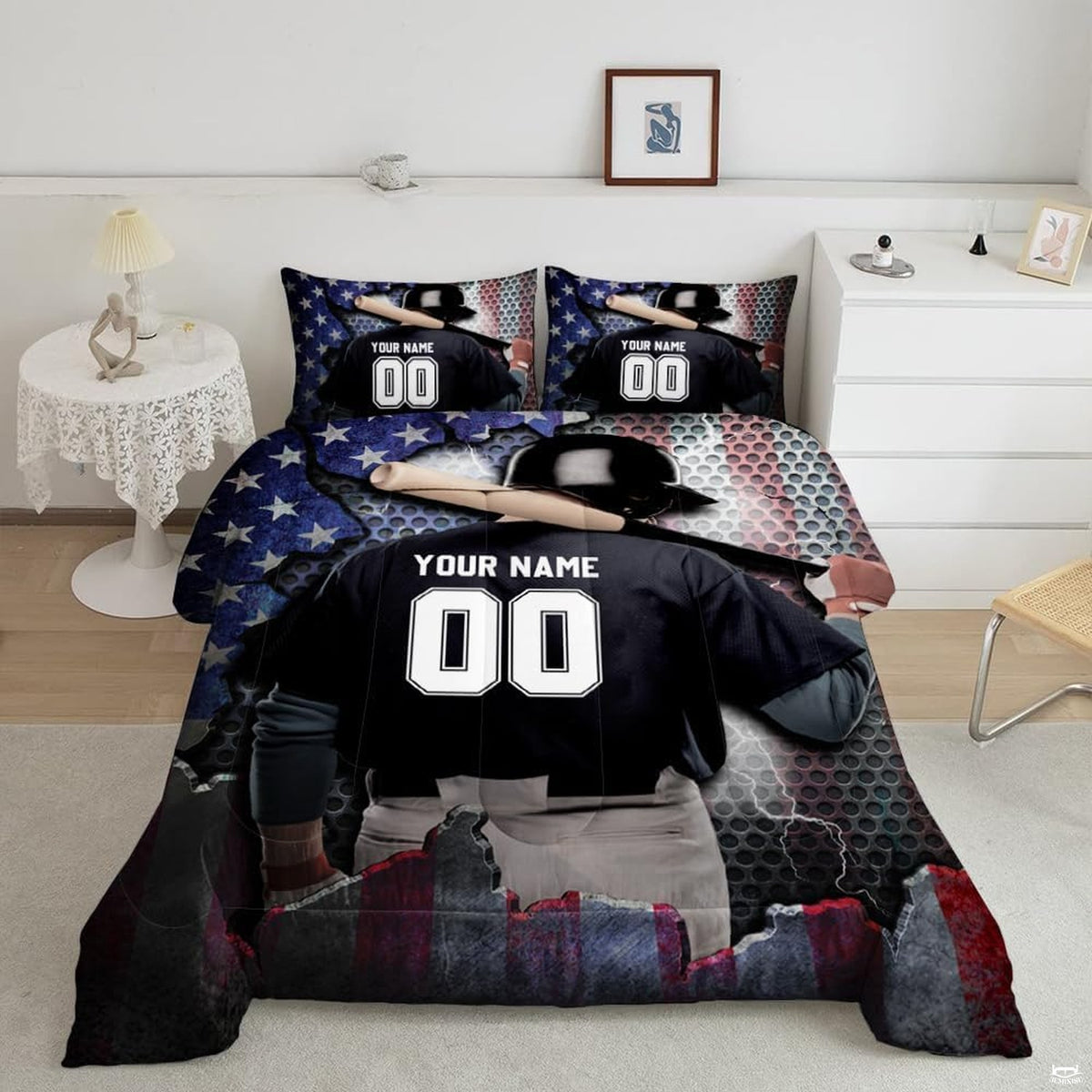 Baseball batter bedding featuring athlete with bat across shoulders against patriotic flag and metal mesh