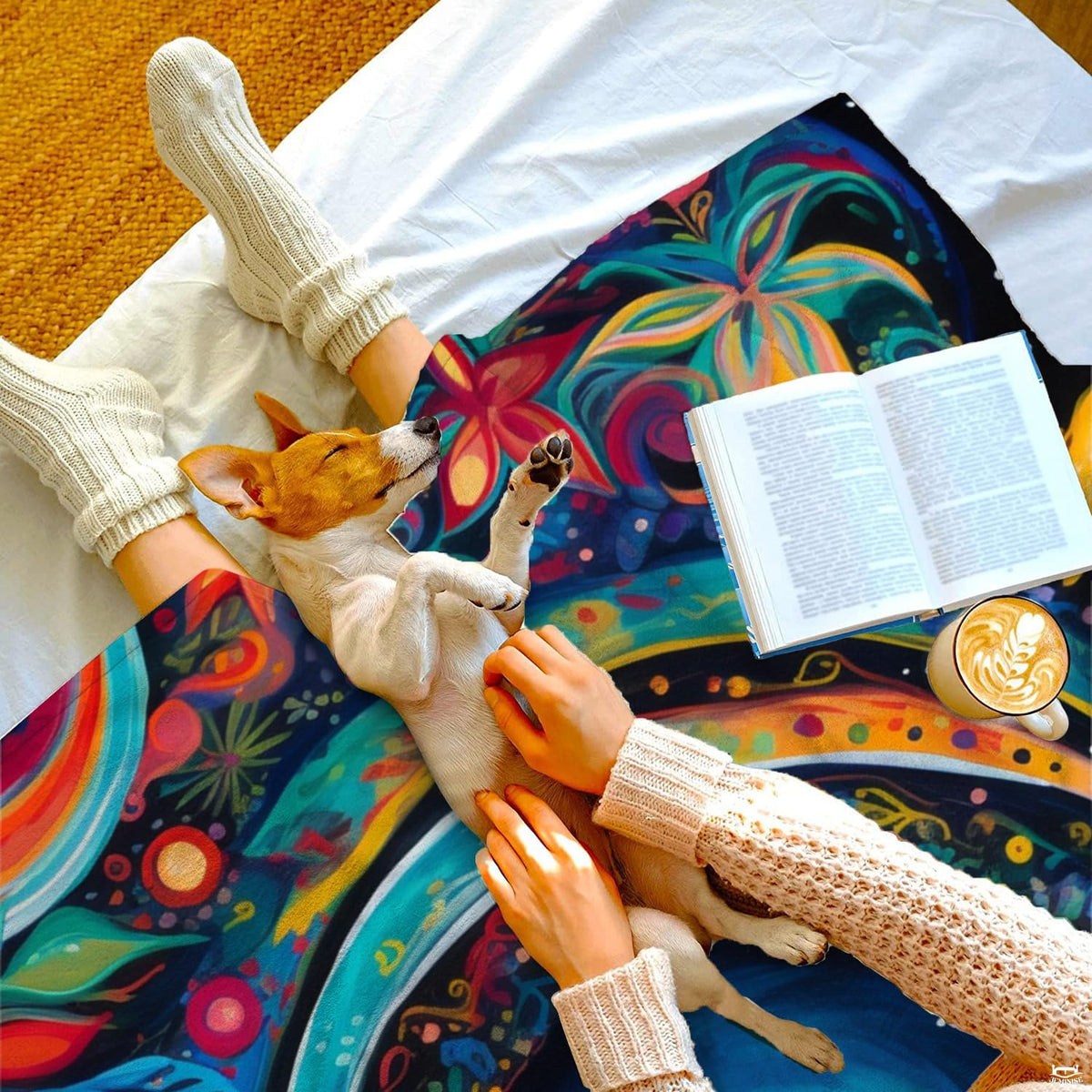 Psychedelic celestial moon throw blanket styled in a cozy lifestyle bed setting