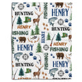 Wilderness sportsman deer bear trout blanket flat lay on white background