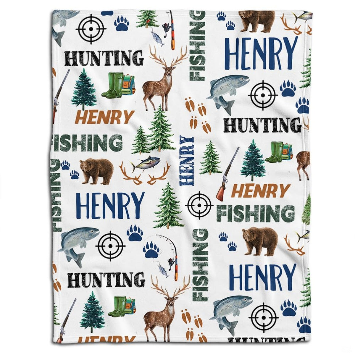 Wilderness sportsman deer bear trout blanket flat lay on white background