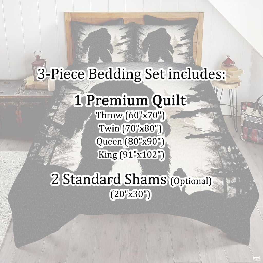 Full bedroom display of vintage cream Bigfoot bedding styled with outdoor cabin room decor accents