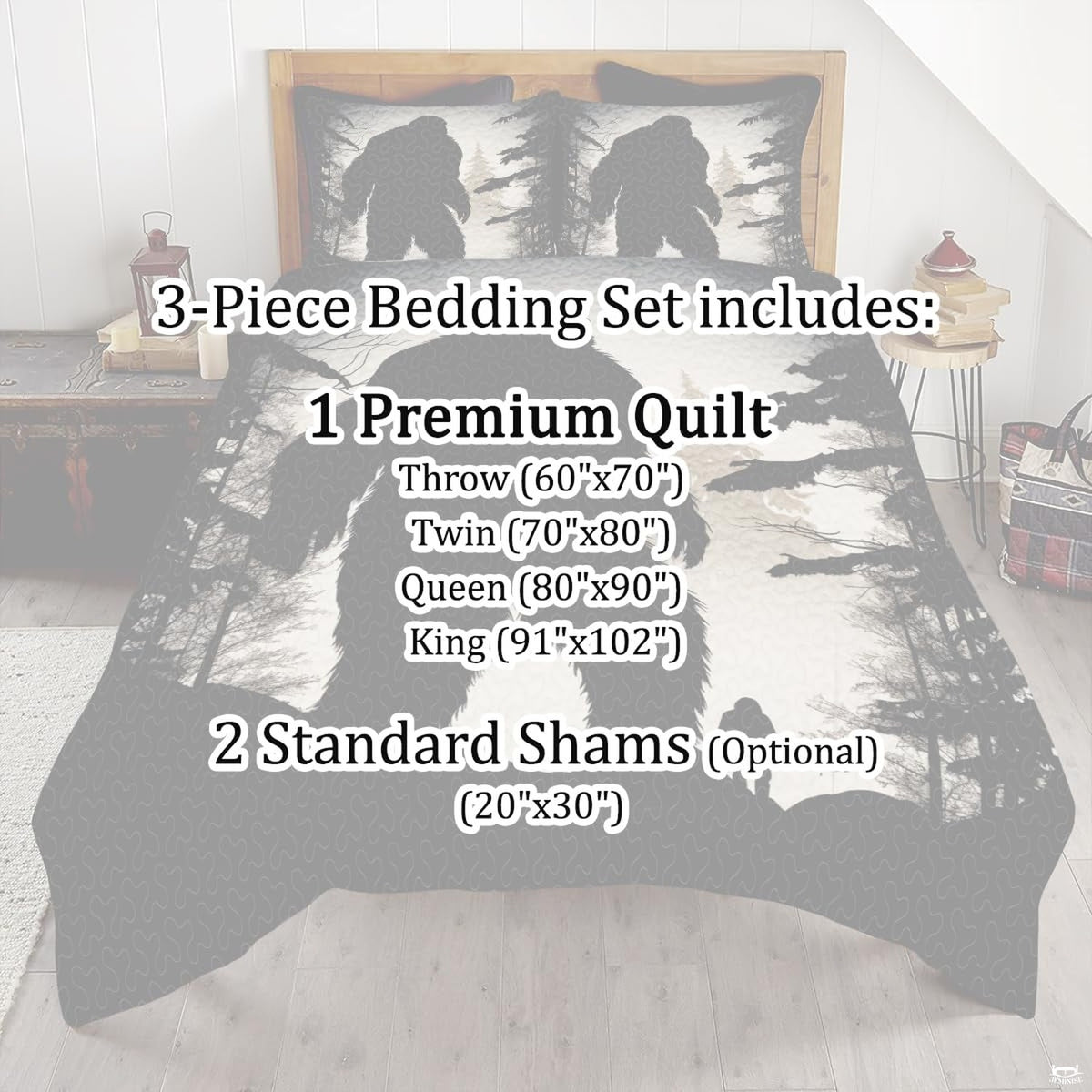 Full bedroom display of vintage cream Bigfoot bedding styled with outdoor cabin room decor accents