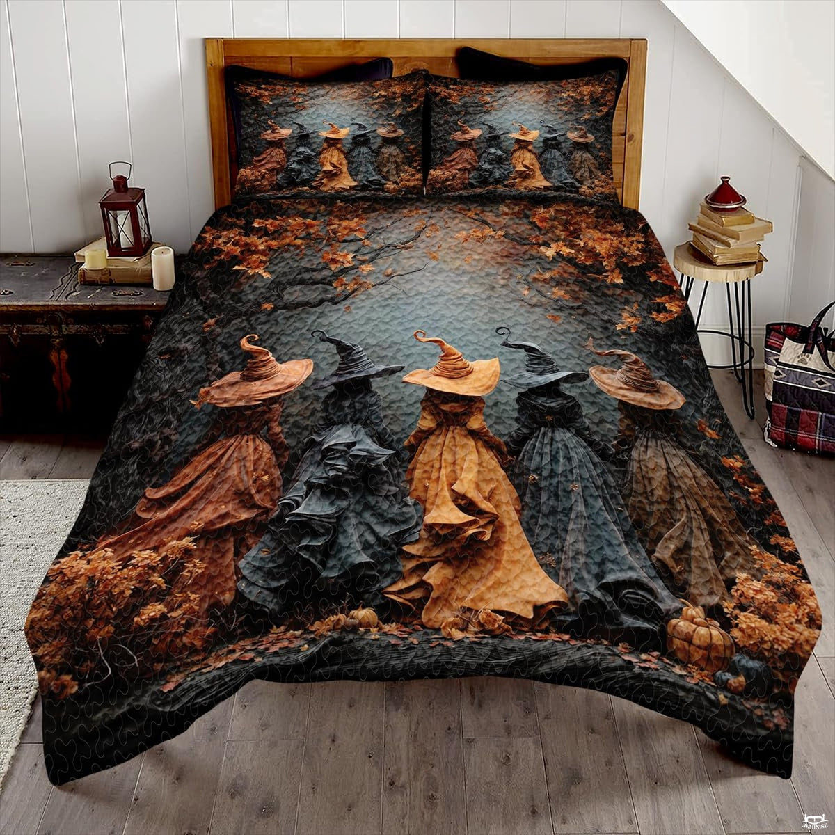 Five witches bedding displayed in a bright bedroom