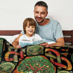 Overhead perspective of green leafy canopy and Celtic knot borders on decorative bedding set.