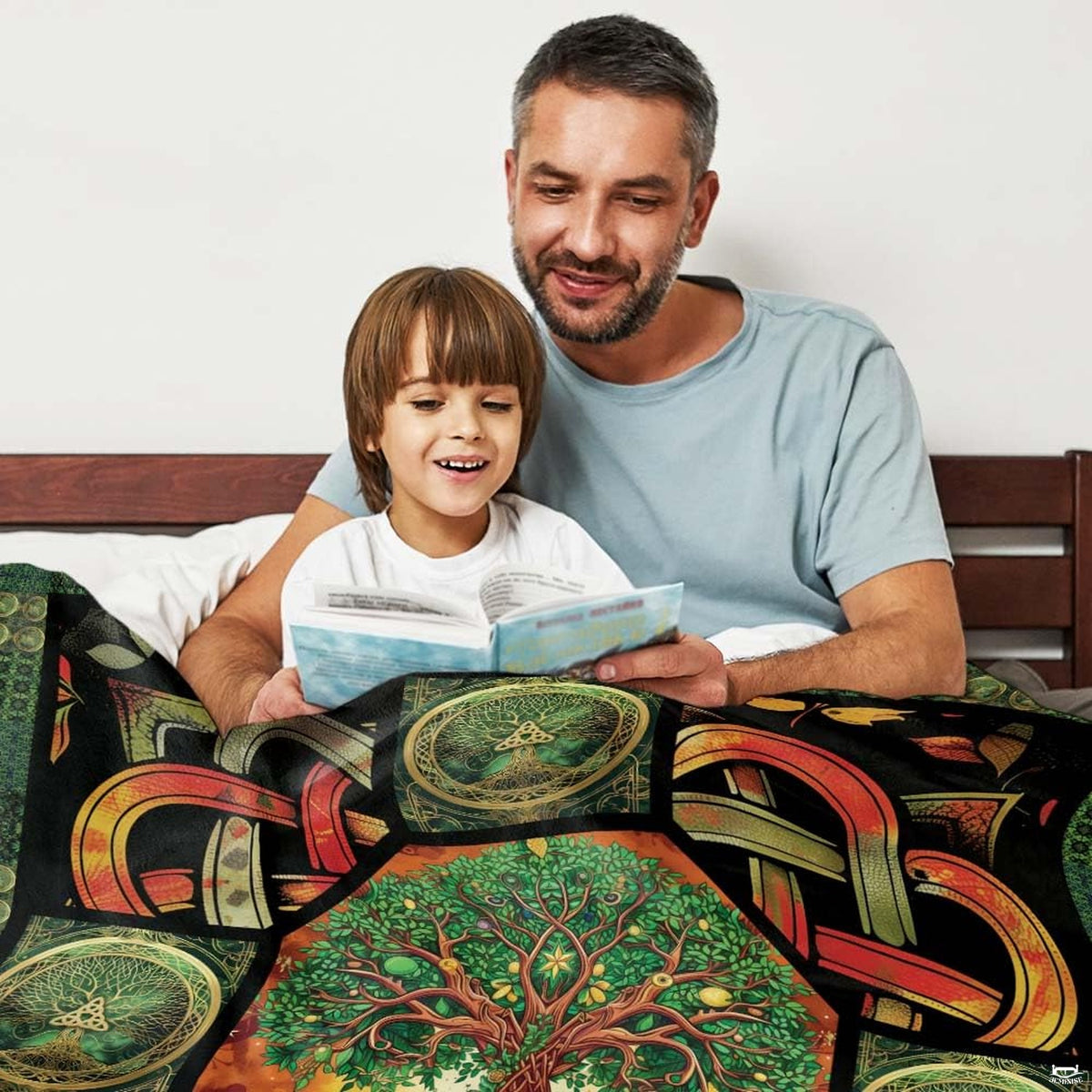 Overhead perspective of green leafy canopy and Celtic knot borders on decorative bedding set.