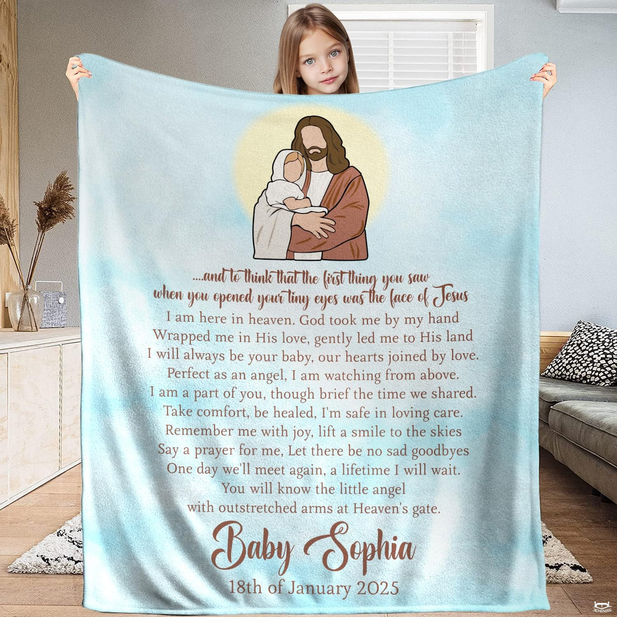 Serene halo bedding set displaying golden aura illustration on sky-blue watercolor background.