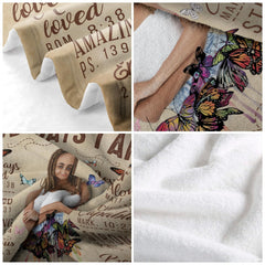 Flat overhead perspective showing full faith scripture layout and central portrait on a throw blanket