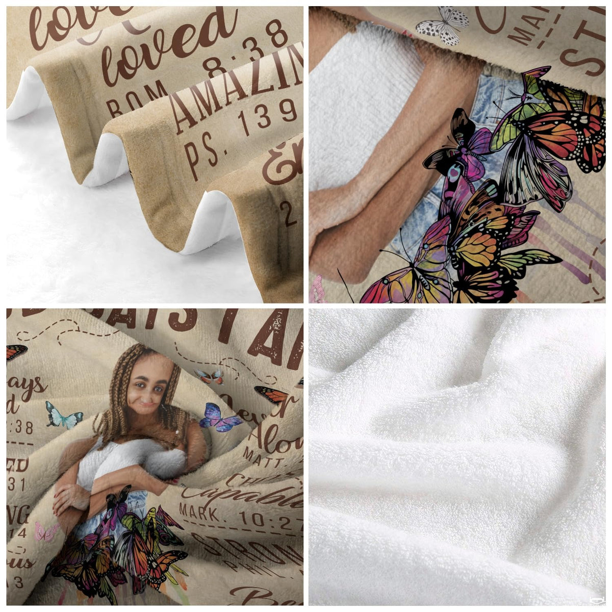 Flat overhead perspective showing full faith scripture layout and central portrait on a throw blanket
