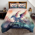 Watercolor blue dragon with pink purple wings standing on a mountain ridge
