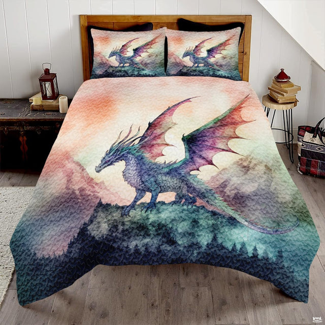 Watercolor blue dragon with pink purple wings standing on a mountain ridge