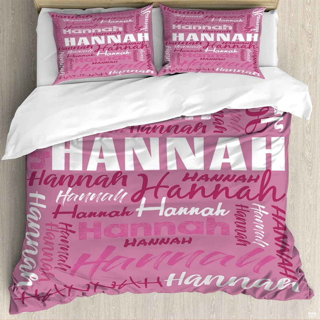 Rose pink typography bedding featuring an interlocking word collage of block and script lettering on pink backdrop