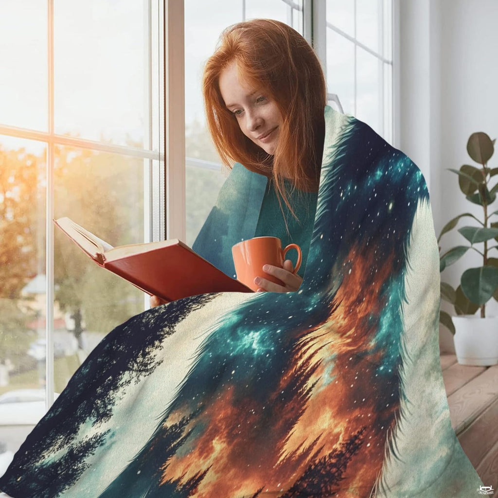 Living room sofa display showing the mystical howling wolf galaxy throw blanket draped over furniture.
