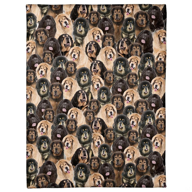 Tibetan Mastiff dog breed blanket displaying all-over photographic collage pattern.