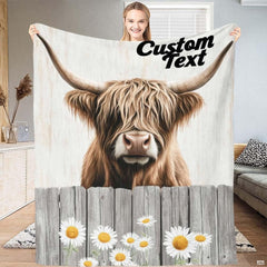 Rustic daisy fence Highland cow throw blanket featuring shaggy cow over wooden fence with daisies