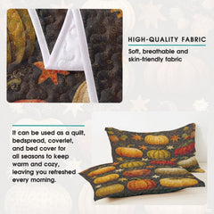 Burnt orange, olive, and cream textured pumpkin illustrations decorating an autumnal harvest bedding set.