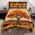 Golden autumn tree and maple leaf bedding set featuring an ornate woodland tree and pumpkin patchwork in amber tones.