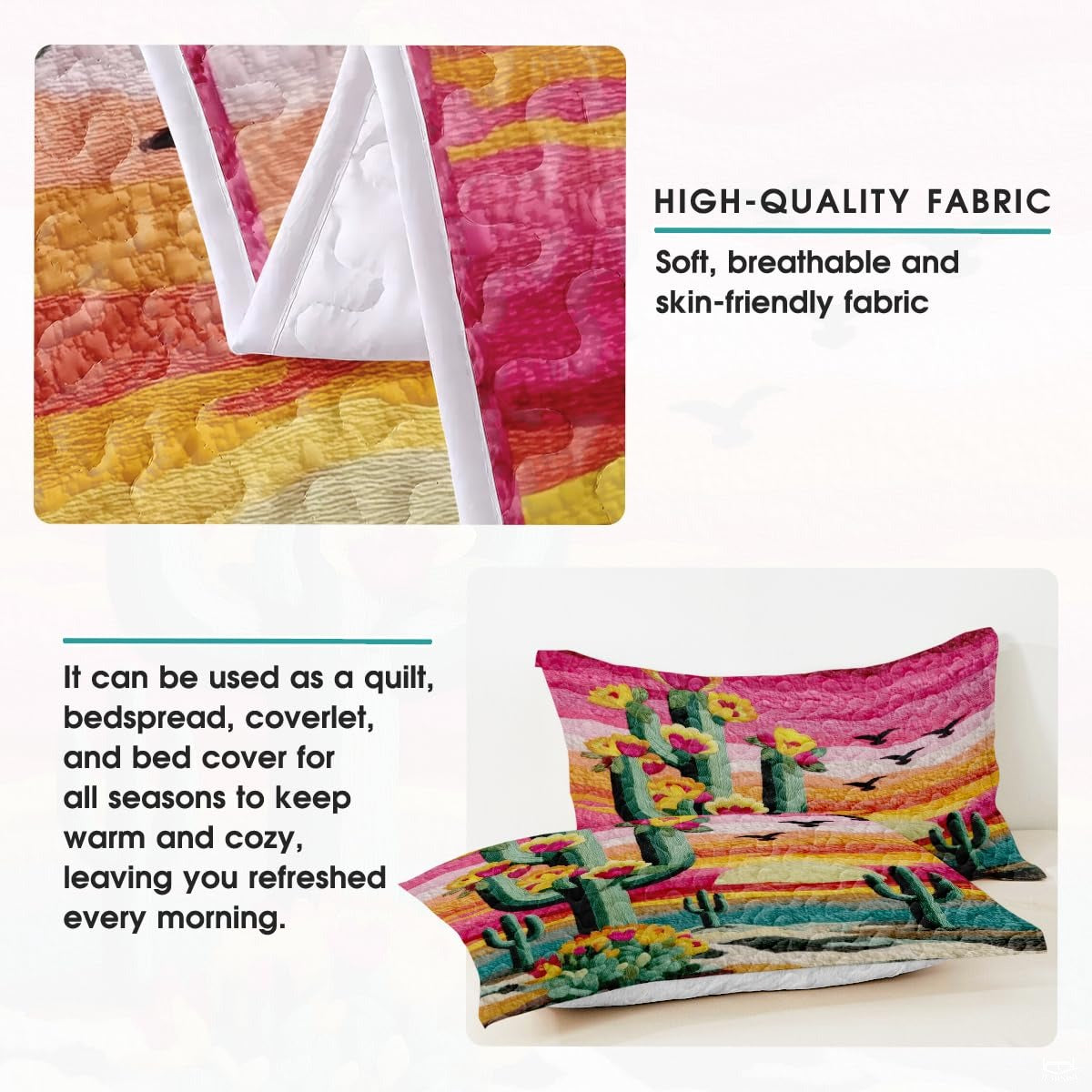 Personalized Desert Sunset Cactus Floral Quilt Set, Machine Washable