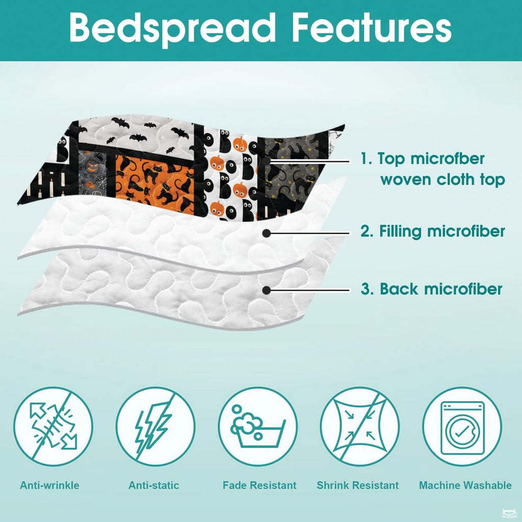 Angled perspective of Halloween bedding showcasing spooky icons on yellow and grey background panels