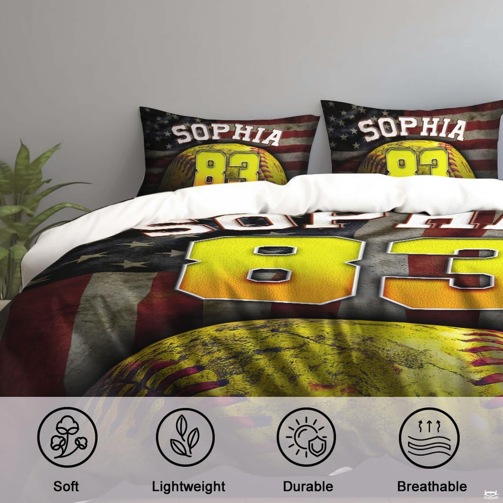 Detail angle of weathered patriotic stripes and vibrant yellow athletic graphics on dark bedding