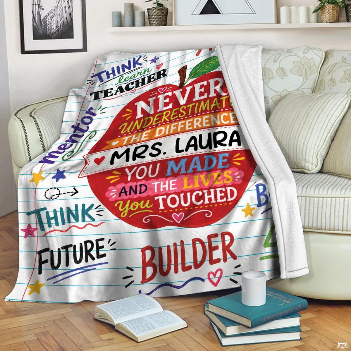 Close view of illustrated school theme bedding showing blue ruled notebook lines and colorful doodle stars.