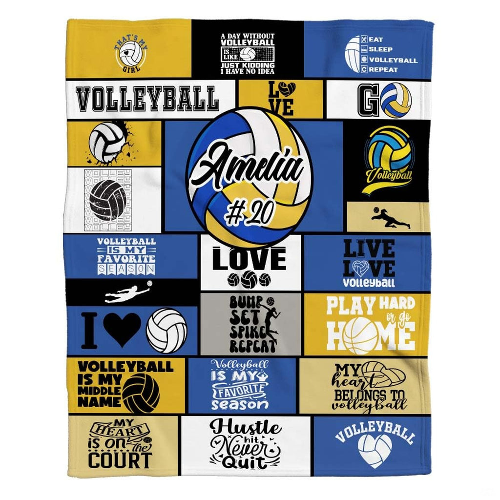 Volleyball typography grid collage throw blanket featuring navy blue and gold athletic graphic blocks