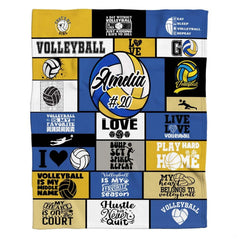 Volleyball typography grid collage throw blanket featuring navy blue and gold athletic graphic blocks