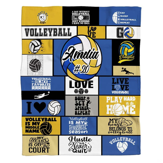 Volleyball typography grid collage throw blanket featuring navy blue and gold athletic graphic blocks