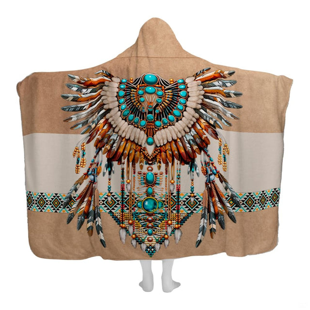 Southwestern hooded blanket featuring turquoise cabochon totem, cascading feathers, and tribal geometric band.