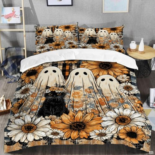 Cute ghosts and black cat sunflower plaid bedding - view 2