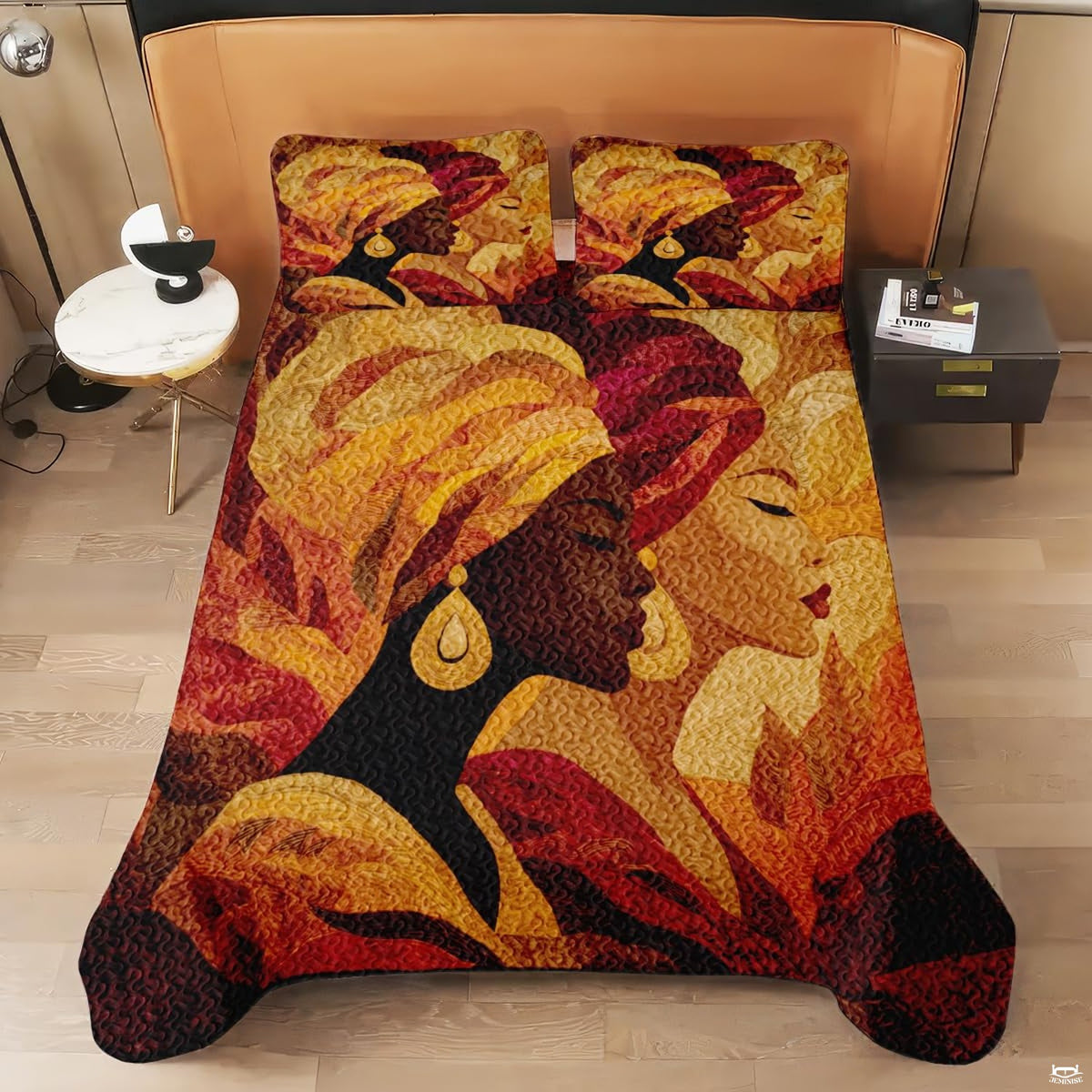 Bedroom display of overlapping profile portraits in ochre, burgundy, gold, and cream