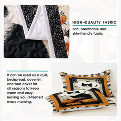 Festive bedroom styling of Halloween cat bedding set arranged on a bed frame with playful seasonal decor accents.