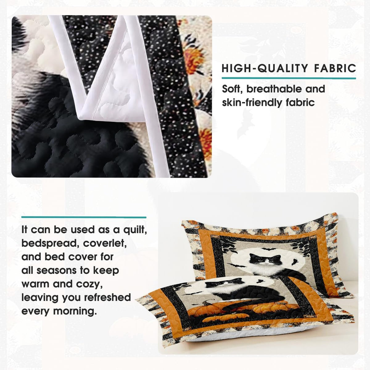 Festive bedroom styling of Halloween cat bedding set arranged on a bed frame with playful seasonal decor accents.