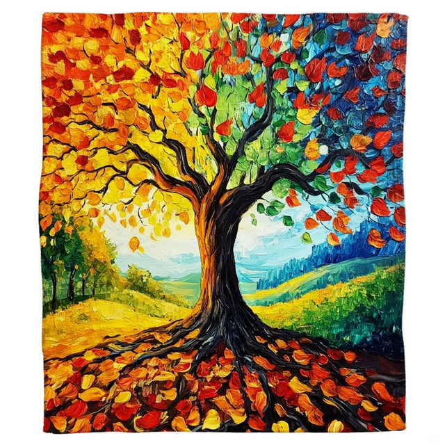 Vibrant impasto oil painting tree throw blanket draped across living room sofa